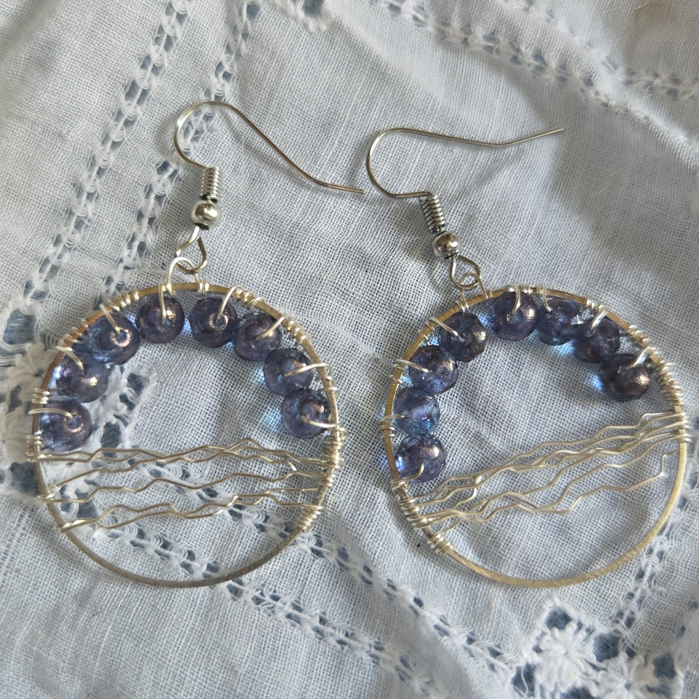 Gold and Purple Beaded Hoop Earrings